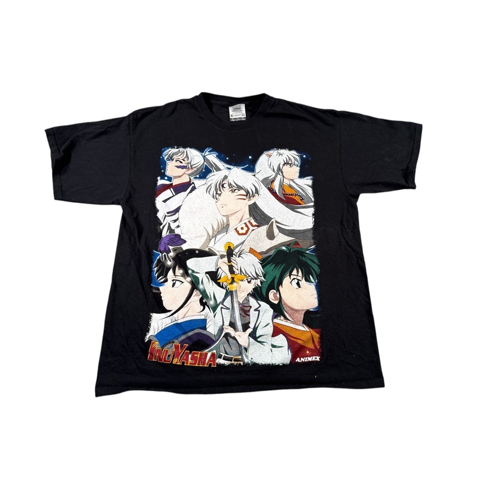 Vintage 2000s Inuyasha Double Sided T-Shirt Mens XL Black Anime Y2K AOP Logo‎